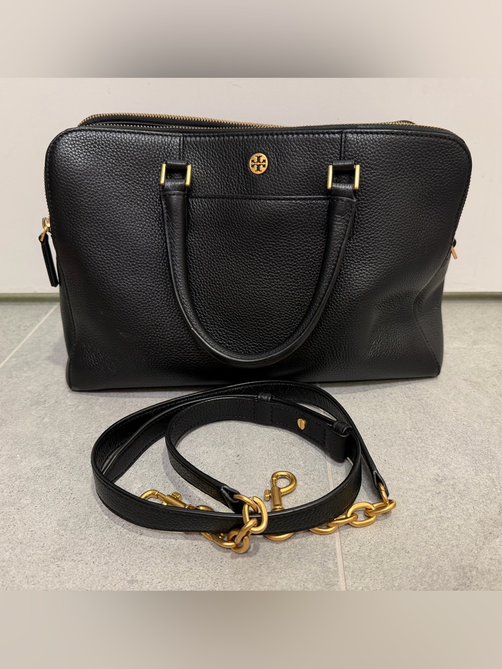 Tory Burch Black Pebbled Leather Satchel with Gold Hardware Strap